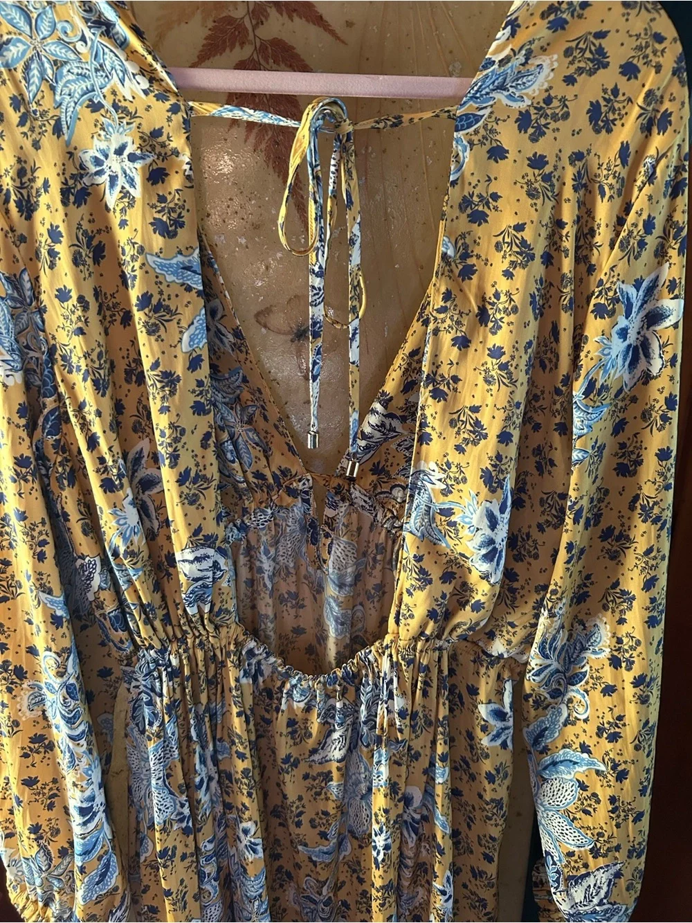 Free People Floral Yellow V-Neck Long Sleeve Dress